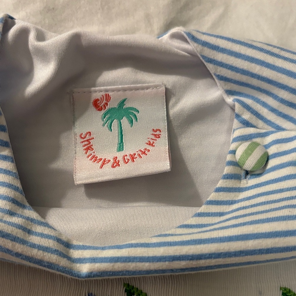 Shrimp & Grits Kids Striped Blue and Green Alligator Kids One Piece - Picture 3 of 5